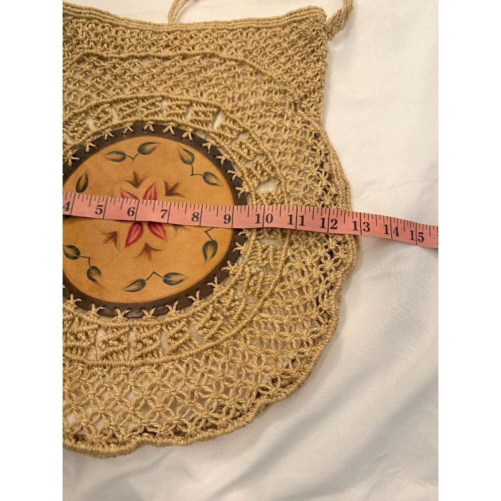 Woven Crossbody Purse with Hand Painted Leather Center Bohemian - Picture 7 of 8